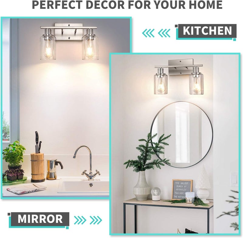 SHINETECH 2-Light Bathroom Light Fixtures, Modern Vanity Lights with Clear Glass Shade, Brushed Nickel Bathroom Vanity Light Over Mirror, Living Room - Image 5